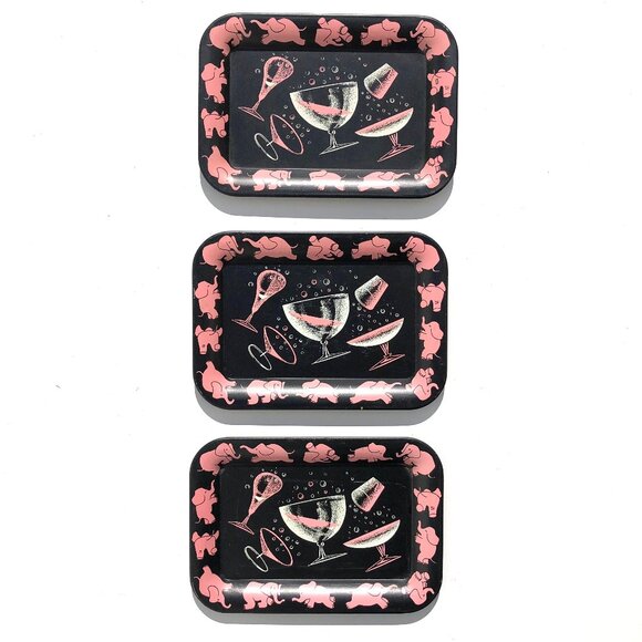 3 Hazel Atlas Pink Elephants Tin Cocktail Tip Trays Atomic Kitsch Coasters MCM